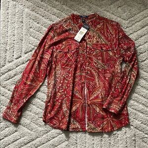 CHAPS Denim Red Paisley Button Down Blouse